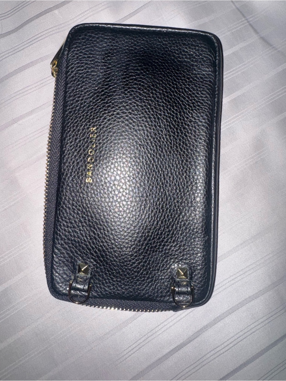 Bandolier Black Leather Crossbody Phone Case with Gold Hardware - Picture 7 of 7